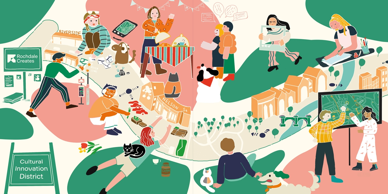 Cultural Innovation District: Illustration of people doing various creative activities on pink and green shapes